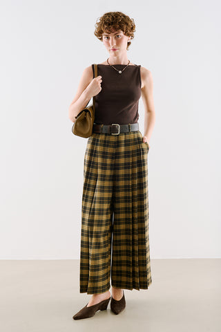Pleated Checked Wide Leg Trousers Plaid
