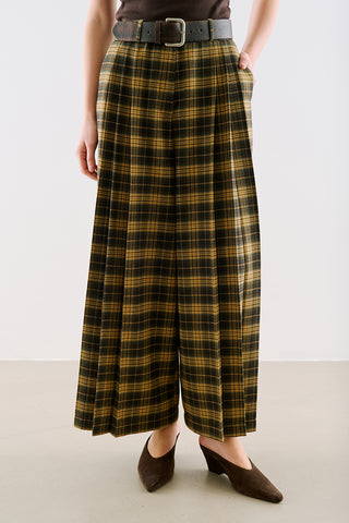Pleated Checked Wide Leg Trousers Plaid