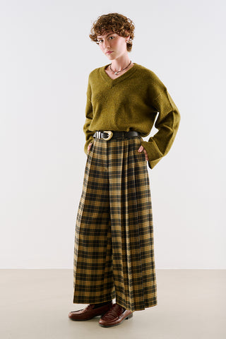 Pleated Checked Wide Leg Trousers Plaid