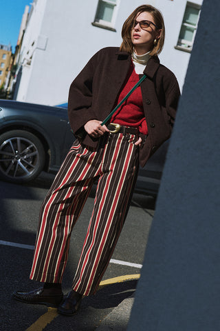 Washed Striped Barrel Leg Trousers Brown