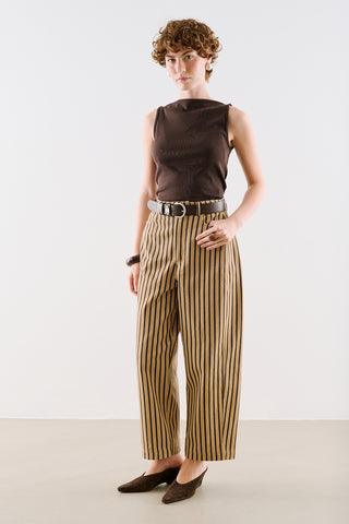 Washed Striped Barrel Leg Trousers Beige