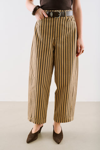 Washed Striped Barrel Leg Trousers Beige