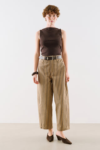 Washed Striped Barrel Leg Trousers Beige