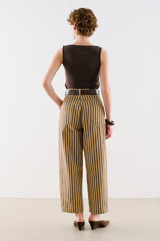 Washed Striped Barrel Leg Trousers Beige