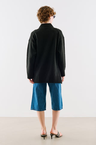 High-Neck Wool Knit Sweater Black