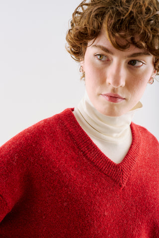 Cropped V-Neck Knit Sweater Red