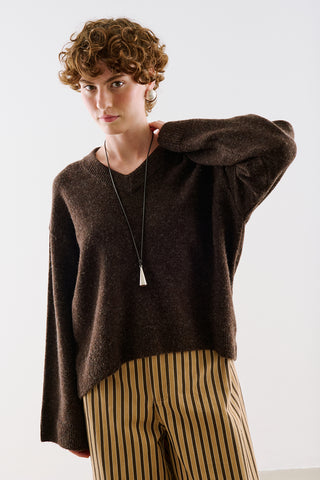 Cropped V-Neck Knit Sweater Dark Brown