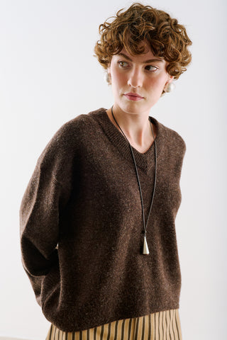 Cropped V-Neck Knit Sweater Dark Brown