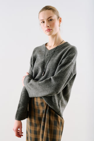Cropped V-Neck Knit Sweater Dark Grey