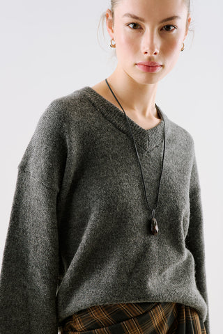 Cropped V-Neck Knit Sweater Dark Grey
