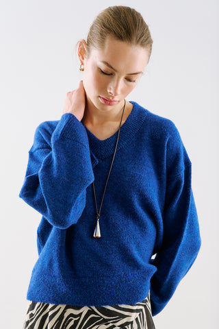 Cropped V-Neck Knit Sweater Blue