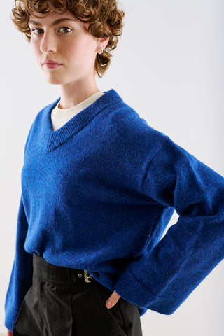 Cropped V-Neck Knit Sweater Blue