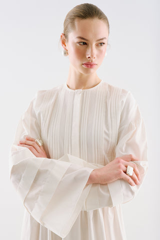 Pintuck-Detail Dress With Wide Sleeves Ecru