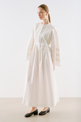 Pintuck-Detail Dress With Wide Sleeves Ecru