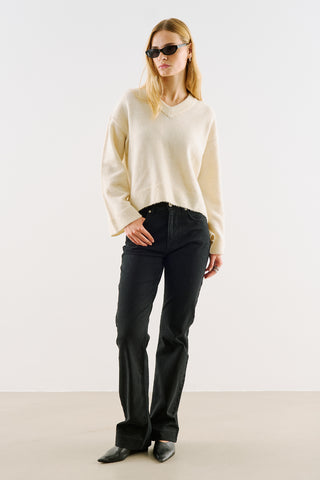 Cropped V-Neck Knit Sweater Ecru