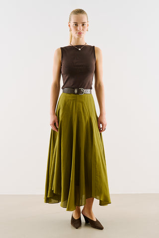 Asymmetric Draped Cotton Skirt Green