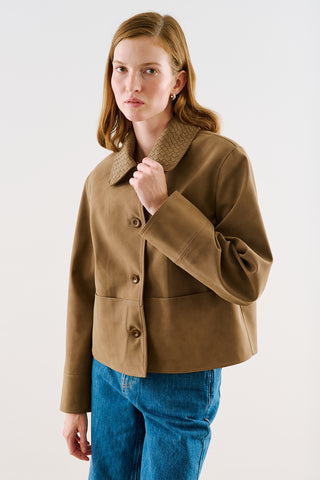 Cropped Suede Jacket With Button Closure Light Brown