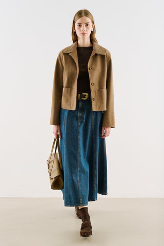 Cropped Suede Jacket With Button Closure Light Brown
