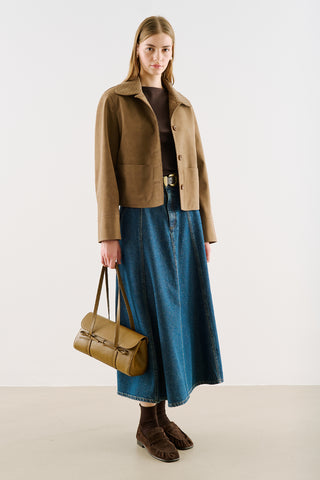 Cropped Suede Jacket With Button Closure Light Brown