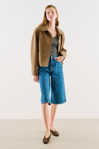 Cropped Suede Jacket With Button Closure Light Brown