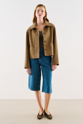 Cropped Suede Jacket With Button Closure Light Brown