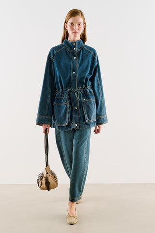 Belted Denim Jacket With Oversized Pockets Dark Blue