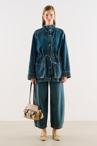 Belted Denim Jacket With Oversized Pockets Dark Blue
