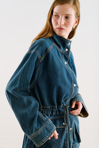 Belted Denim Jacket With Oversized Pockets Dark Blue