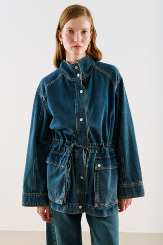 Belted Denim Jacket With Oversized Pockets Dark Blue