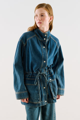 Belted Denim Jacket With Oversized Pockets Dark Blue