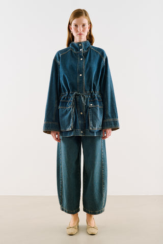 Belted Denim Jacket With Oversized Pockets Dark Blue