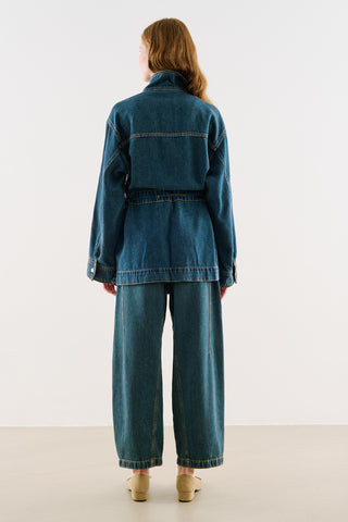 Belted Denim Jacket With Oversized Pockets Dark Blue