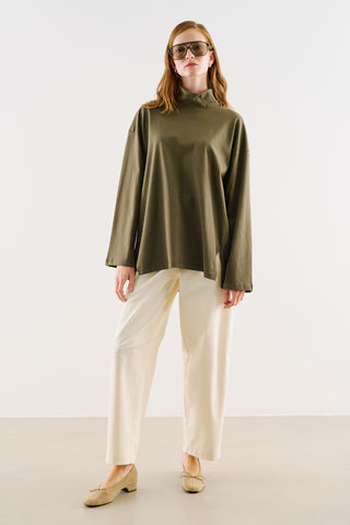 High-Neck Long-Sleeve T-Shirt Khaki
