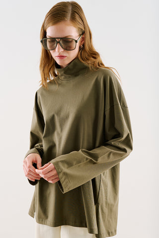High-Neck Long-Sleeve T-Shirt Khaki