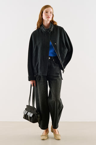 High-Neck Belted Denim Jacket Black
