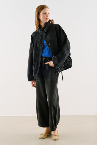 High-Neck Belted Denim Jacket Black