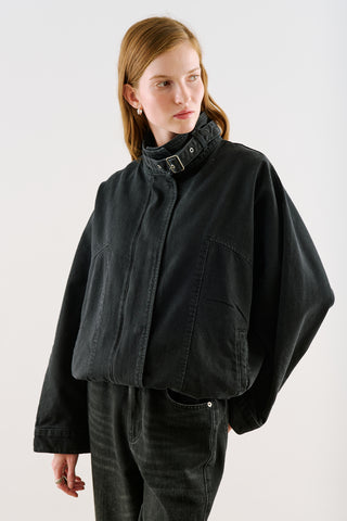 High-Neck Belted Denim Jacket Black