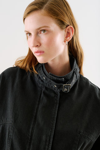 High-Neck Belted Denim Jacket Black