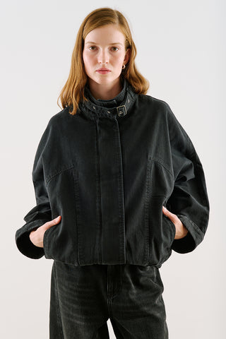 High-Neck Belted Denim Jacket Black