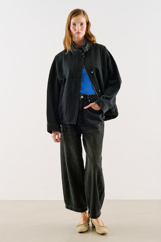High-Neck Belted Denim Jacket Black