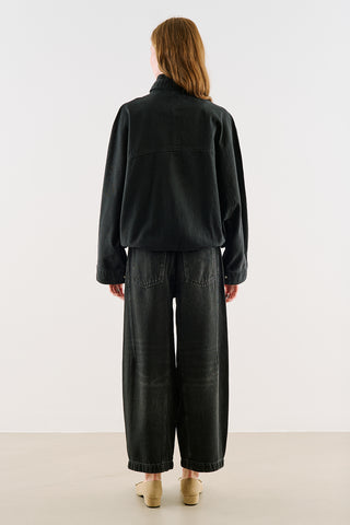 High-Neck Belted Denim Jacket Black