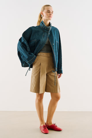 High-Neck Belted Denim Jacket Dark Blue