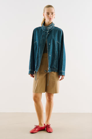 High-Neck Belted Denim Jacket Dark Blue