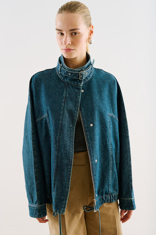 High-Neck Belted Denim Jacket Dark Blue