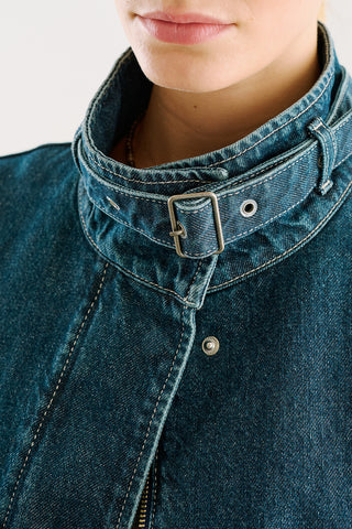 High-Neck Belted Denim Jacket Dark Blue