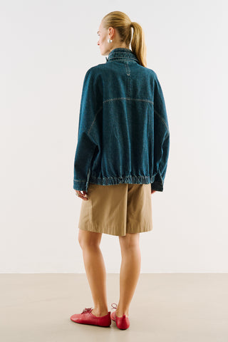 High-Neck Belted Denim Jacket Dark Blue