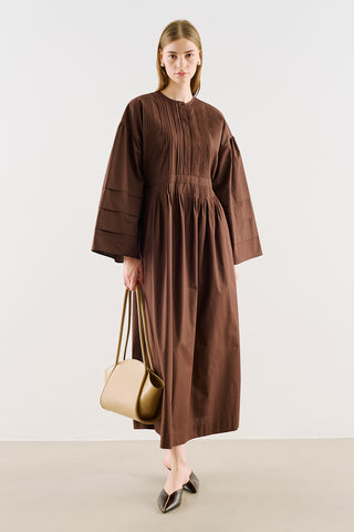 Pintuck-Detail Dress With Wide Sleeves Dark Brown