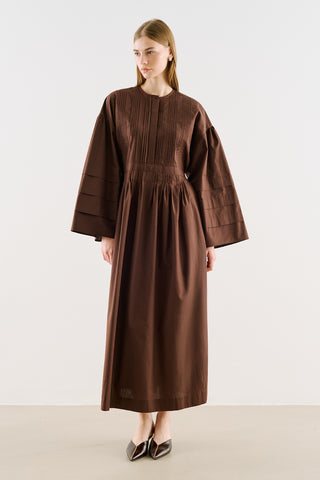 Pintuck-Detail Dress With Wide Sleeves Dark Brown