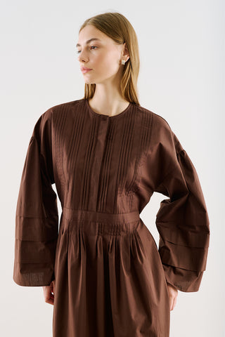 Pintuck-Detail Dress With Wide Sleeves Dark Brown