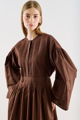 Pintuck-Detail Dress With Wide Sleeves Dark Brown